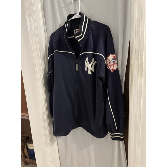 Majestic Vintage New York Yankees Blue Full Zip Fleece Jacket Patches Sz L MLB - Picture 1 of 9